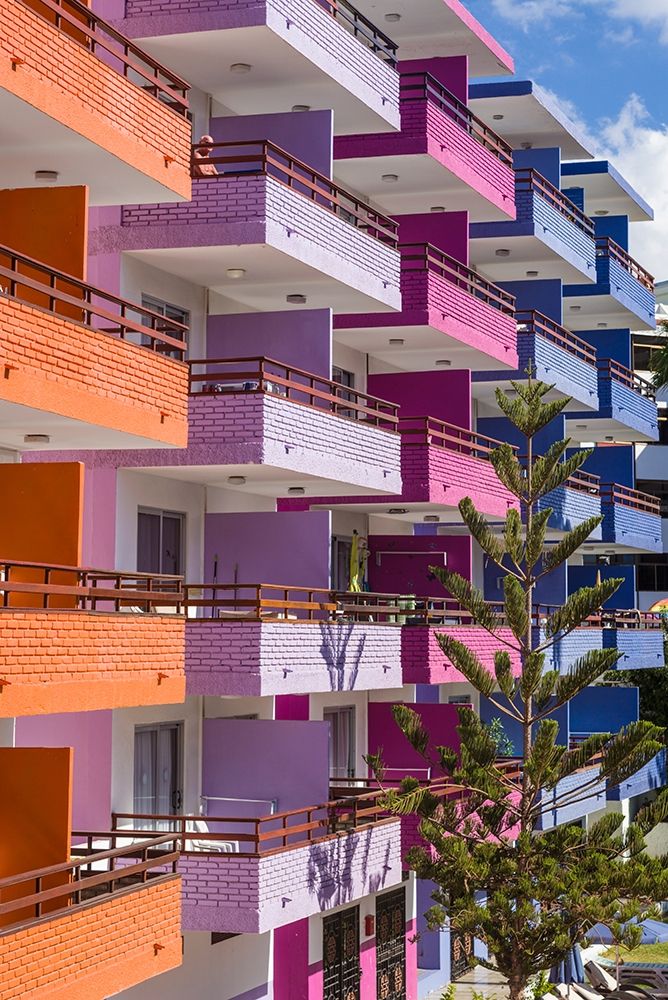 Spain-Canary Islands-Gran Canaria Island-Playa del Ingles-colorful balconies art print by Walter Bibikow for $57.95 CAD