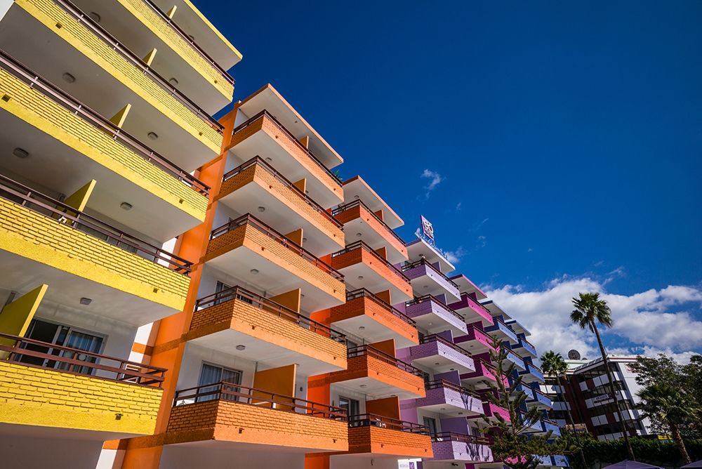Spain-Canary Islands-Gran Canaria Island-Playa del Ingles-colorful balconies art print by Walter Bibikow for $57.95 CAD