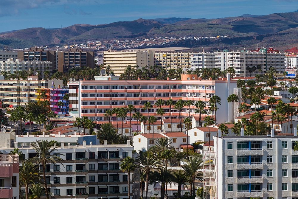 Spain-Canary Islands-Gran Canaria Island-Playa del Ingles-high angle view of town art print by Walter Bibikow for $57.95 CAD