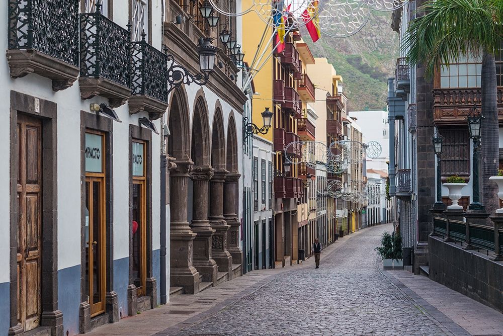 Canary Islands-La Palma Island-Santa Cruz de la Palma-Calle ODaly-street at dusk art print by Walter Bibikow for $57.95 CAD