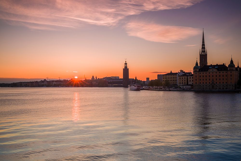 Sweden-Stockholm-Stockholm City Hall and Riddarholmen church-sunset art print by Walter Bibikow for $57.95 CAD