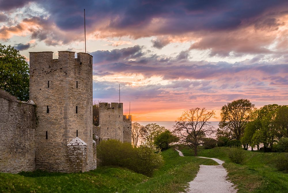 Sweden-Gotland Island-Visby-12th century city wall-most complete medieval city wall in Europe-sunse art print by Walter Bibikow for $57.95 CAD