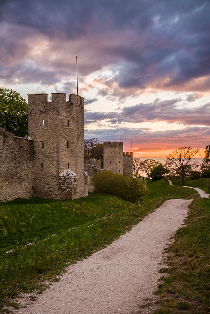 Sweden-Gotland Island-Visby-12th century city wall-most complete medieval city wall in Europe-sunse art print by Walter Bibikow for $57.95 CAD
