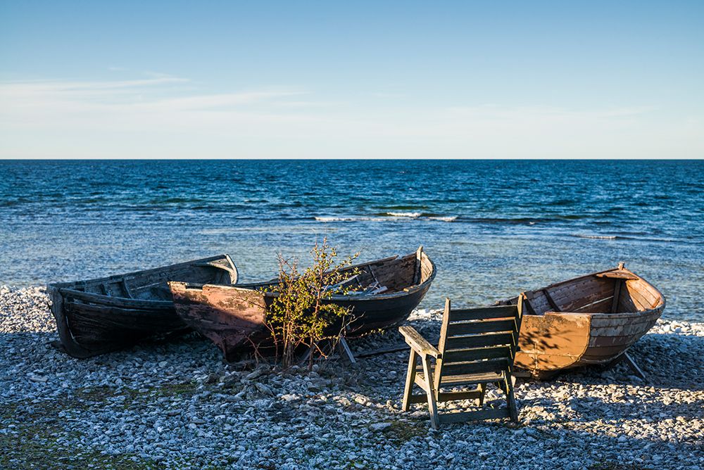 Sweden-Faro Island-Kursviken-coastal farmers fishing boats-sunset art print by Walter Bibikow for $57.95 CAD