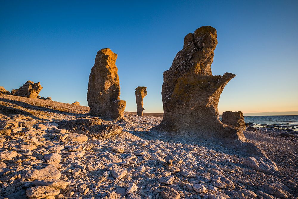 Sweden-Faro Island-Langhammars Area-Langhammar coastal limestone rauk rock-sunset art print by Walter Bibikow for $57.95 CAD