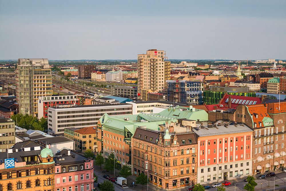 Sweden-Scania-Malmo-Inre Hamnen inner harbor-elevated skyline view art print by Walter Bibikow for $57.95 CAD