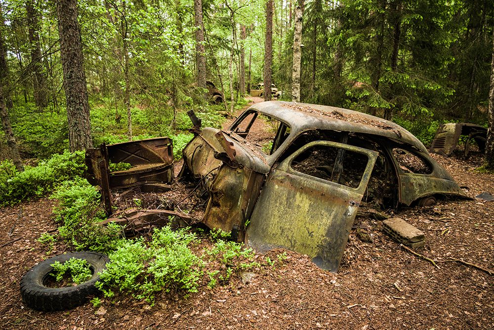 Sweden-Smaland-Ryd-Kyrko Mosse Car Cemetery-former junkyard now pubic park-junked cars art print by Walter Bibikow for $57.95 CAD