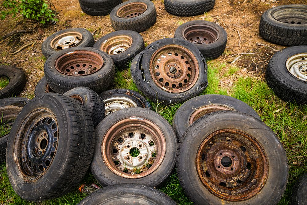 Sweden-Smaland-Ryd-Kyrko Mosse Car Cemetery-former junkyard now pubic park-old tires art print by Walter Bibikow for $57.95 CAD