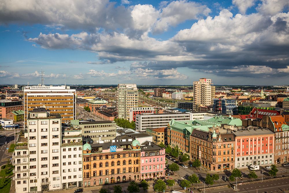Sweden-Scania-Malmo-Inre Hamnen inner harbor-elevated skyline view art print by Walter Bibikow for $57.95 CAD