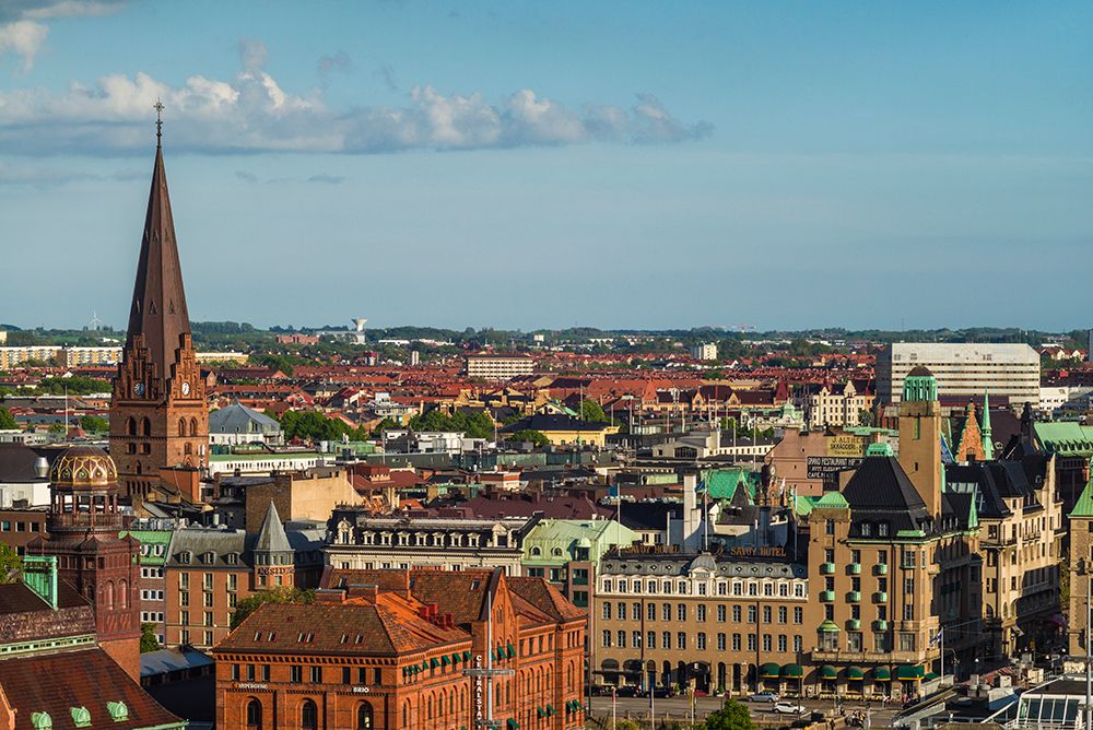 Sweden-Scania-Malmo-Inre Hamnen inner harbor-elevated skyline view art print by Walter Bibikow for $57.95 CAD