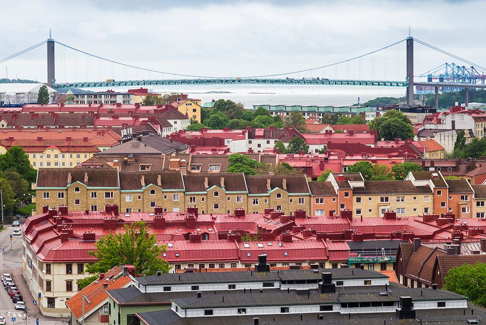 Sweden-Vastragotland and Bohuslan-Gothenburg-high angle view of the Alvsborgsbron bridge art print by Walter Bibikow for $57.95 CAD