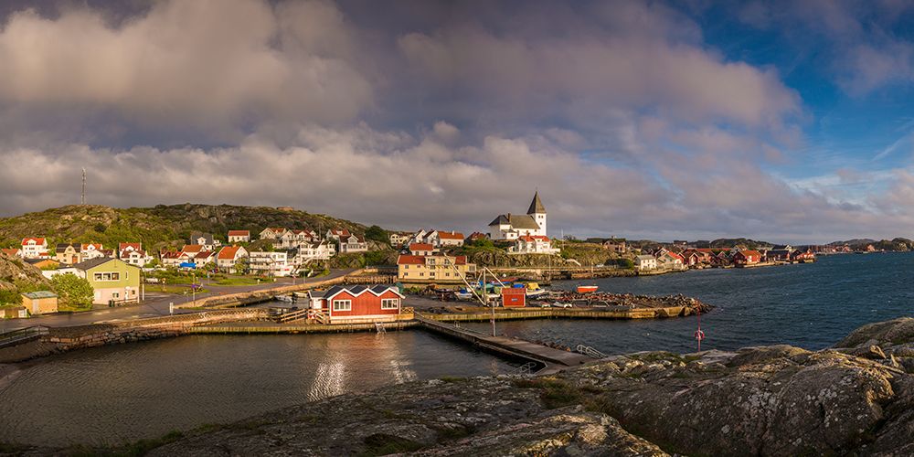Sweden-Bohuslan-Tjorn Island-Skarhamn-town skyline with Skarhamn church-sunset art print by Walter Bibikow for $57.95 CAD
