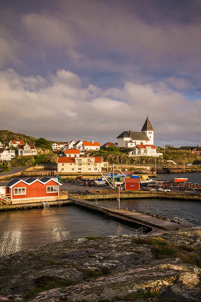 Sweden-Bohuslan-Tjorn Island-Skarhamn-town skyline with Skarhamn church-sunset art print by Walter Bibikow for $57.95 CAD