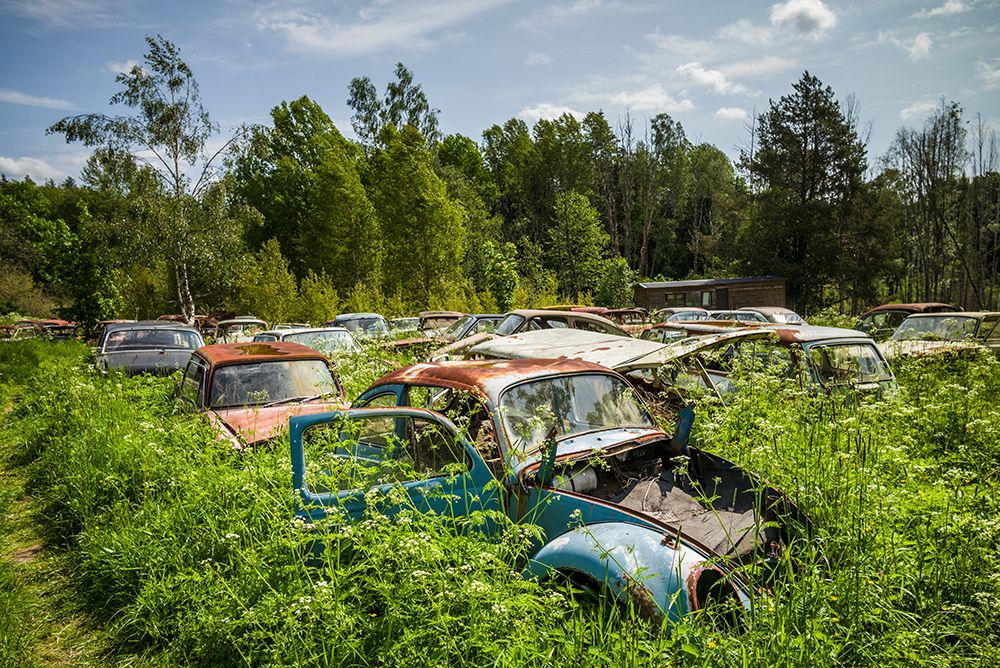 Sweden-Varmland-Bastnas-Bastnas Car Cemetery public park-antique car junkyard art print by Walter Bibikow for $57.95 CAD
