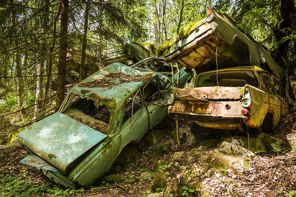 Sweden-Varmland-Bastnas-Bastnas Car Cemetery public park-antique car junkyard art print by Walter Bibikow for $57.95 CAD