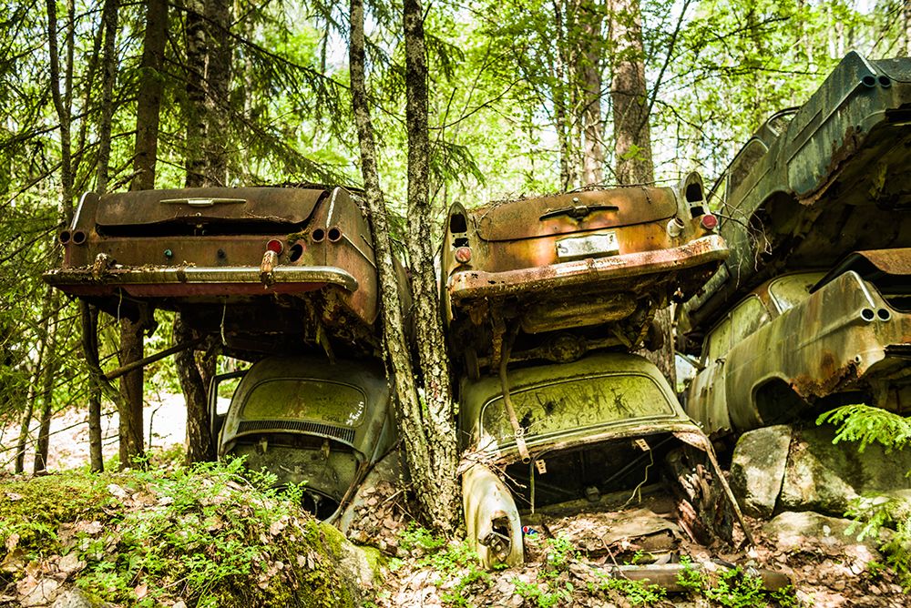 Sweden-Varmland-Bastnas-Bastnas Car Cemetery public park-antique car junkyard art print by Walter Bibikow for $57.95 CAD