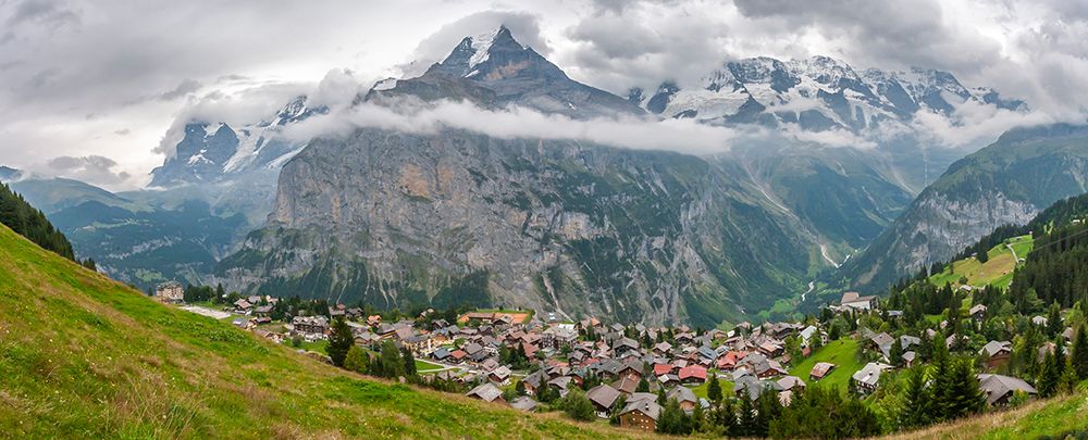 Europe-Switzerland-Bernese Oberland Panoramic of mountains and village in valley art print by Jaynes Gallery for $57.95 CAD