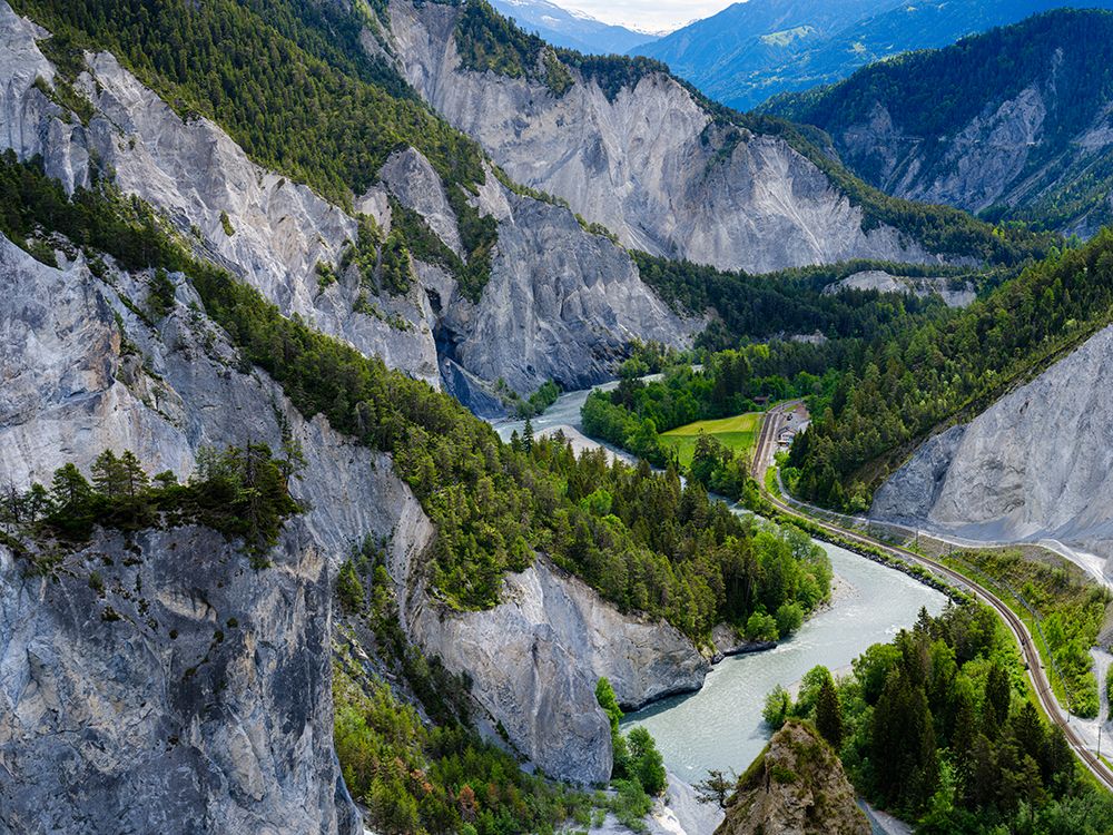 View into the canyon towards the train station Versam-Safien. Graubunden, Switzerland. art print by Martin Zwick for $57.95 CAD