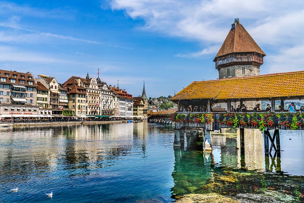 Kapellbrucke over Reuss River-Lucerne-Switzerland. Built in 1365 almost burned down in 1993. art print by William Perry for $57.95 CAD