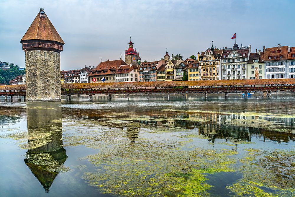 Kapellbrucke over Reuss River-Lucerne-Switzerland. Built in 1365 almost burned down in 1993. art print by William Perry for $57.95 CAD