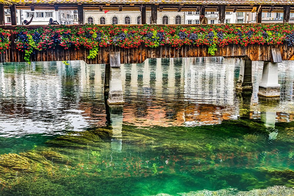 Kapellbrucke over Reuss River-Lucerne-Switzerland. Built in 1365 almost burned down in 1993. art print by William Perry for $57.95 CAD