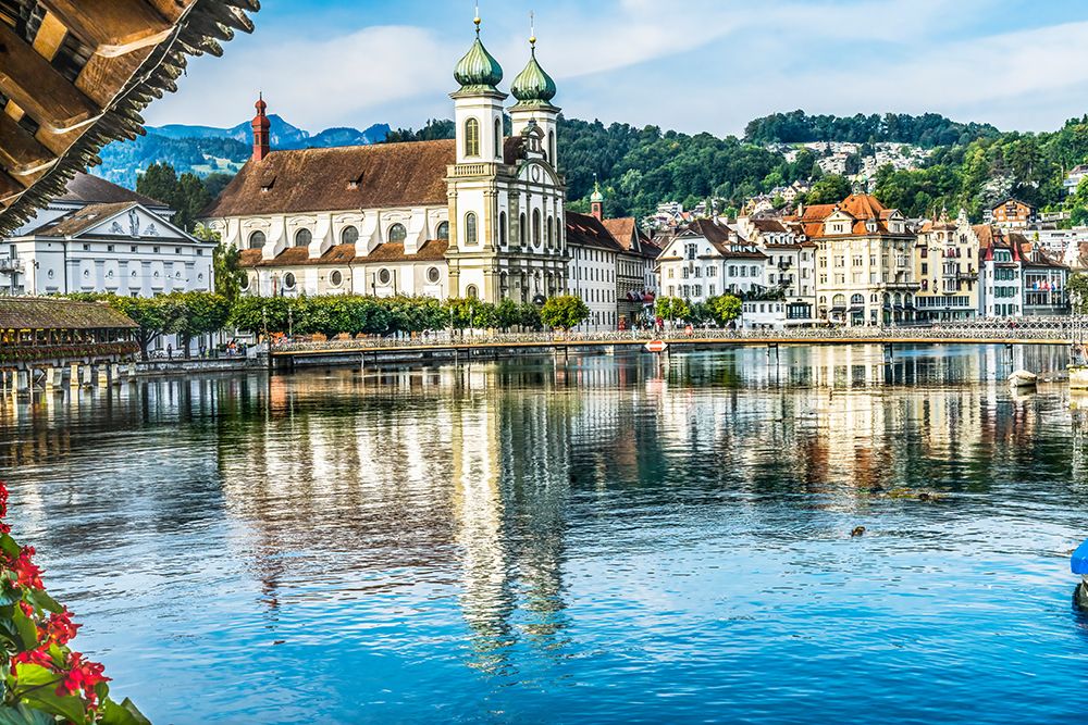 Kapellbrucke Jesuit Church reflection-Lucerne-Switzerland. Built in 1365 art print by William Perry for $57.95 CAD