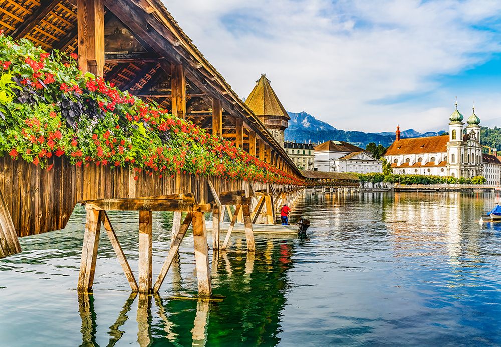 Kapellbrucke Jesuit Church reflection-Lucerne-Switzerland. Built in 1365 art print by William Perry for $57.95 CAD