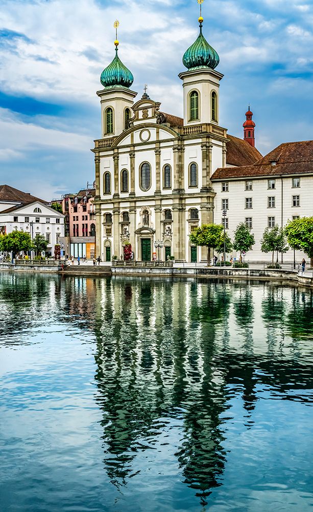 Jesuit Church Inner Harbor reflection-Lucerne-Switzerland. art print by William Perry for $57.95 CAD