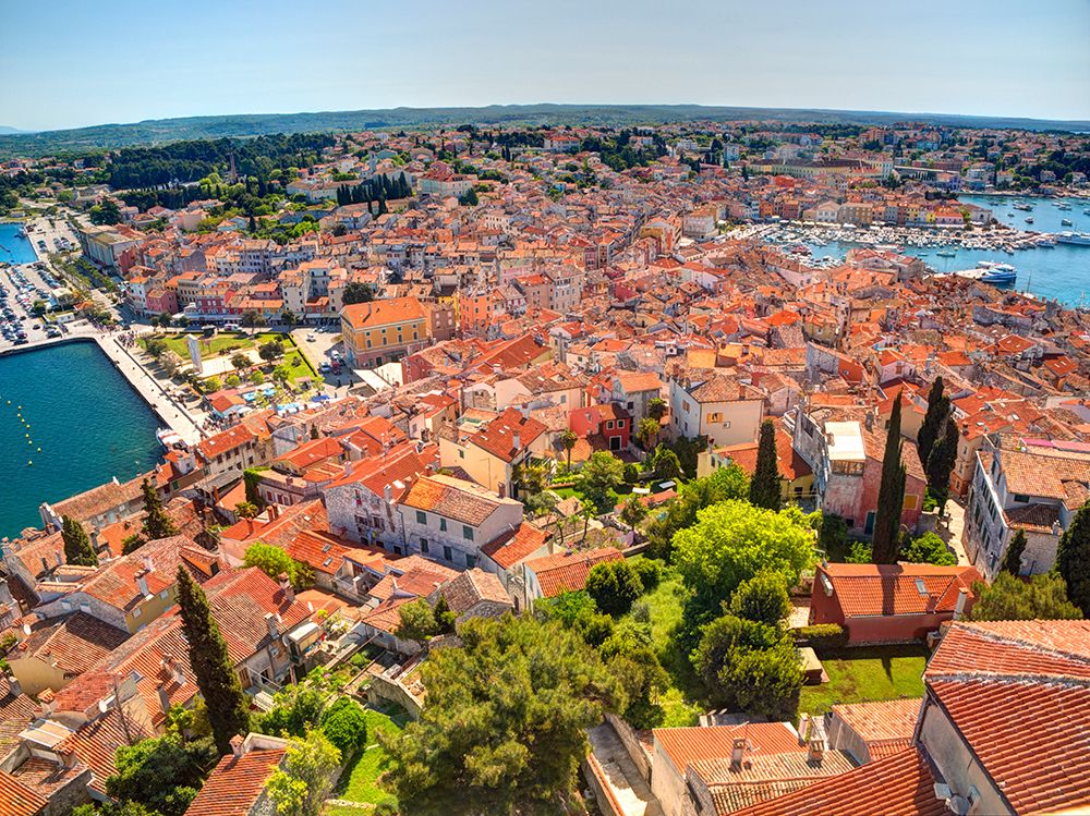 Croatia-Rovinj-Istria. Town of Rovinj and harbor. art print by Julie Eggers for $57.95 CAD