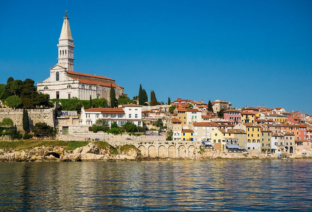 Croatia-Rovinj-Istria. Harbor and Cathedral of St. Euphemia. art print by Julie Eggers for $57.95 CAD