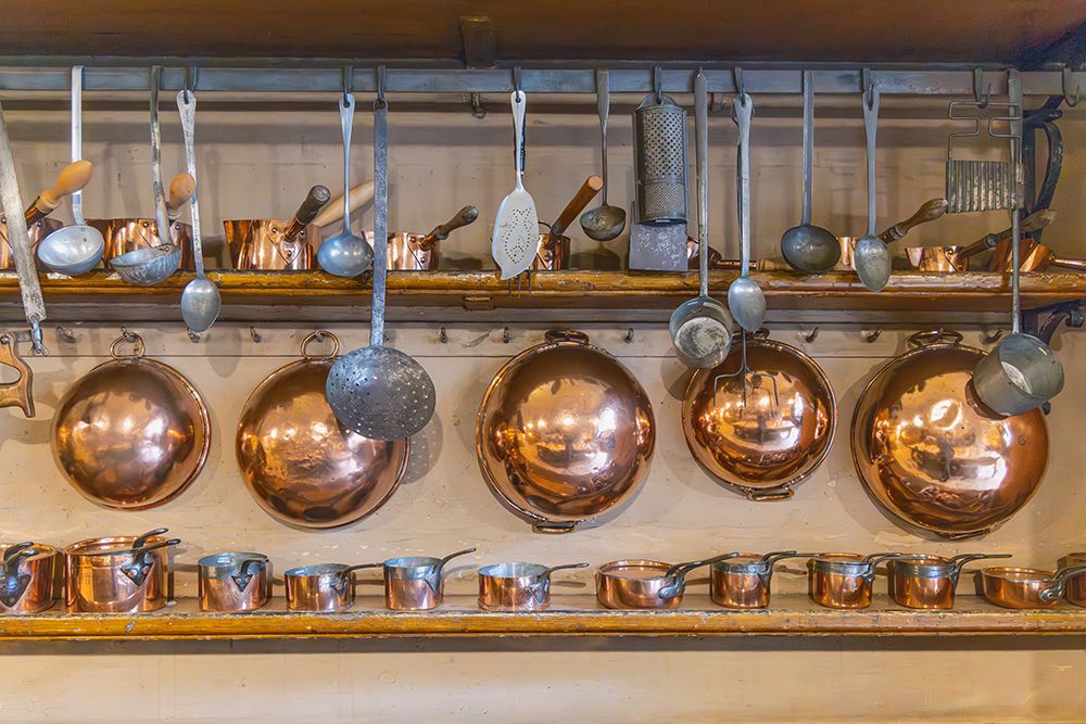 Harewood, Leeds, West Yorkshire, England. Kitchen wares and copper pots in Harewood House. art print by Emily M. Wilson for $57.95 CAD