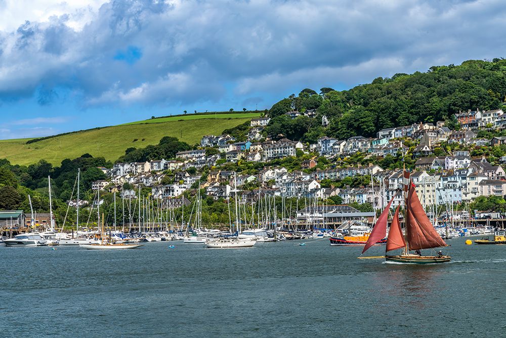 Red sailboat sailing, Dartmouth, Kingswear, Devon, England. art print by William Perry for $57.95 CAD