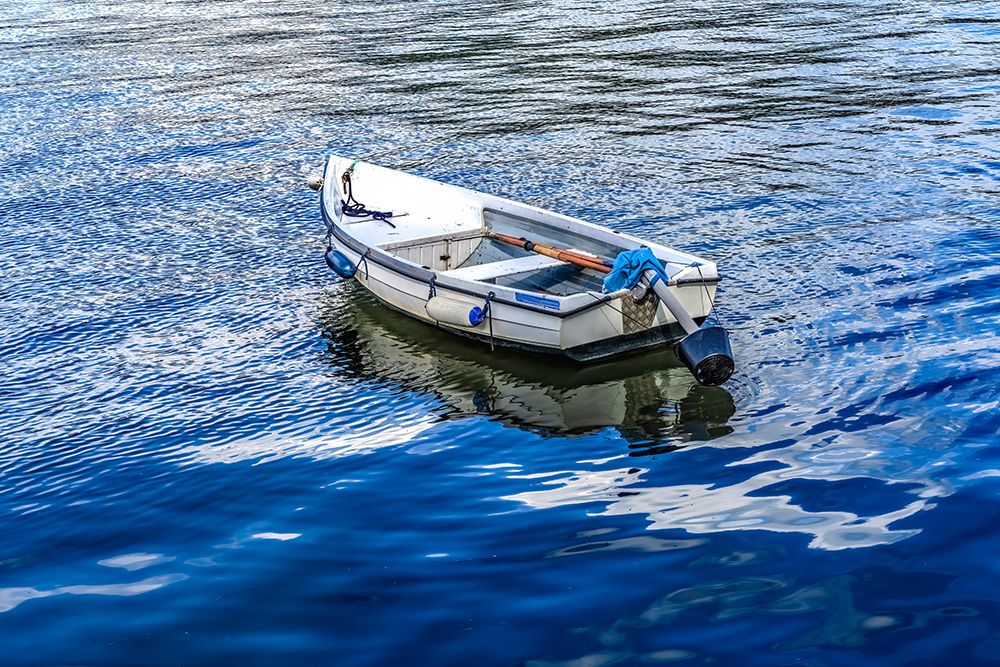 White rowboat in harbor, Dartmouth, Devon, England. art print by William Perry for $57.95 CAD