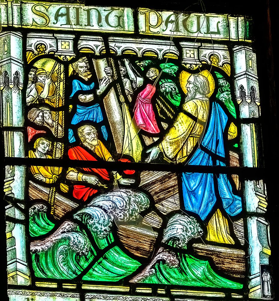 Colorful St. Paul stained glass, St. Petroc Church, Dartmouth, Devon, England. art print by William Perry for $57.95 CAD