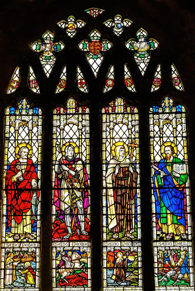 Saints Peter Paul Petroc and George stained glass, St. Petroc Church, Dartmouth, Devon, England art print by William Perry for $57.95 CAD