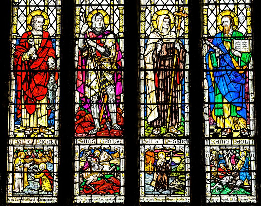 Saints Peter Paul Petroc and George stained glass, St. Petroc Church, Dartmouth, Devon, England art print by William Perry for $57.95 CAD