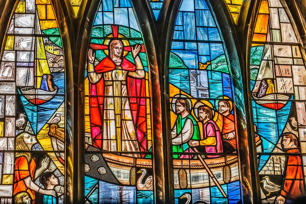 Stained glass Jesus preaching disciples, Sea of Galilee, St. Saviours Church, Dartmouth, England. art print by William Perry for $57.95 CAD