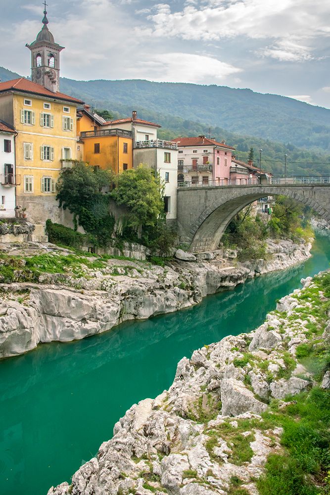 Slovenia, Kanal ob Soci. Soca River and bridge in city. art print by Jaynes Gallery for $57.95 CAD