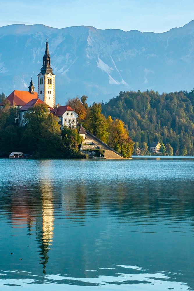 Slovenia, Bled, Lake Bled. Town and island church reflect in lake. art print by Jaynes Gallery for $57.95 CAD