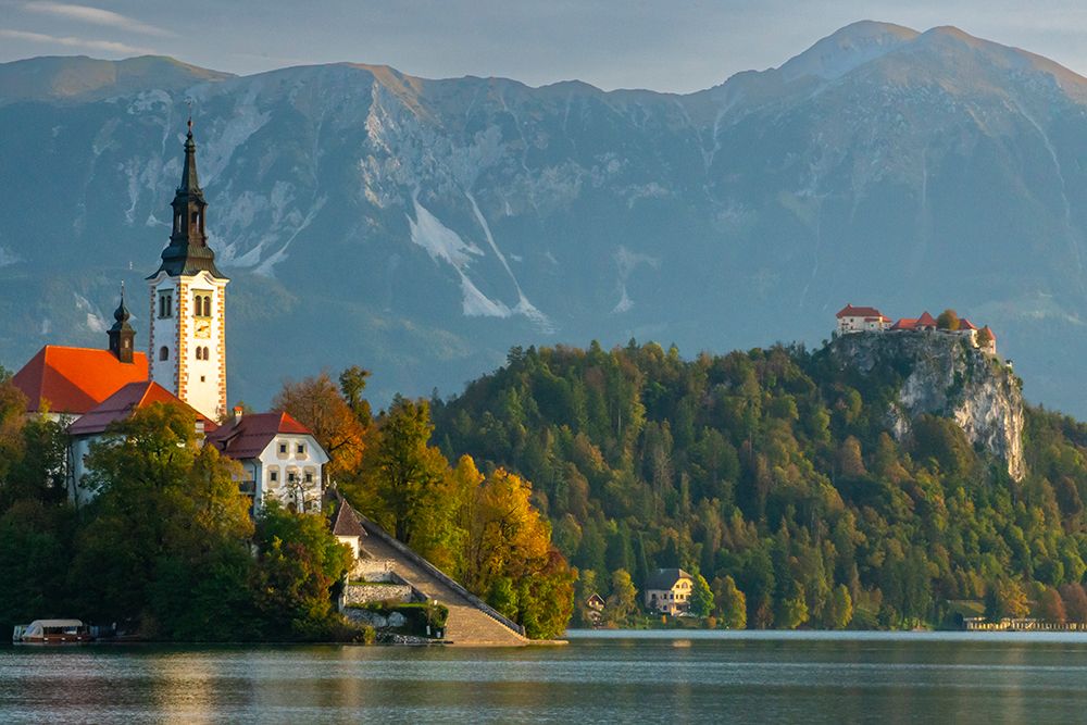 Slovenia, Bled, Lake Bled. Town and island church reflect in lake. art print by Jaynes Gallery for $57.95 CAD