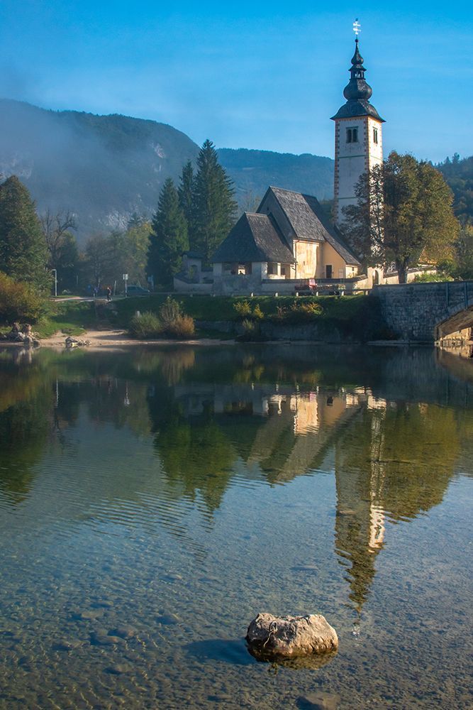 Slovenia, Bled, Lake Bled. Church reflects in lake. art print by Jaynes Gallery for $57.95 CAD