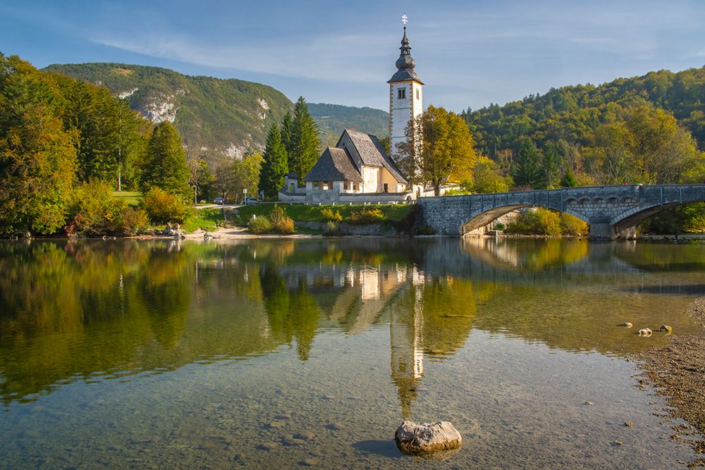 Slovenia, Bled, Lake Bled. Church reflects in lake. art print by Jaynes Gallery for $57.95 CAD