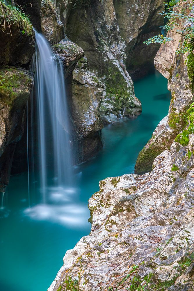 Slovenia, Triglav National Park, Soca River. Scenic with river and waterfall in rocky gorge. art print by Jaynes Gallery for $57.95 CAD