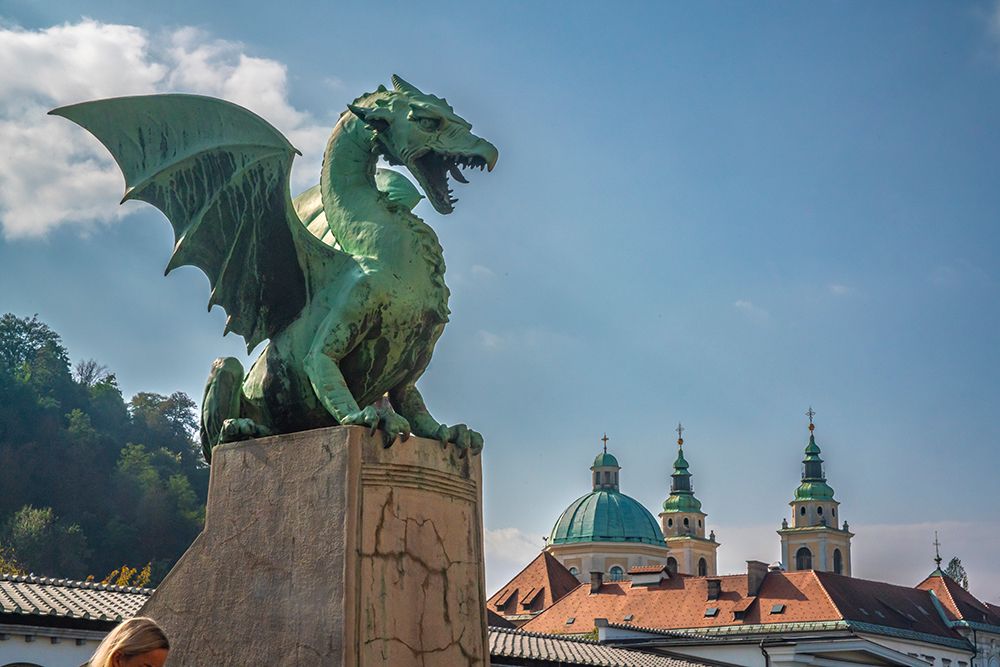 Slovenia, Ljubljana. Statue on Dragon Bridge. art print by Jaynes Gallery for $57.95 CAD