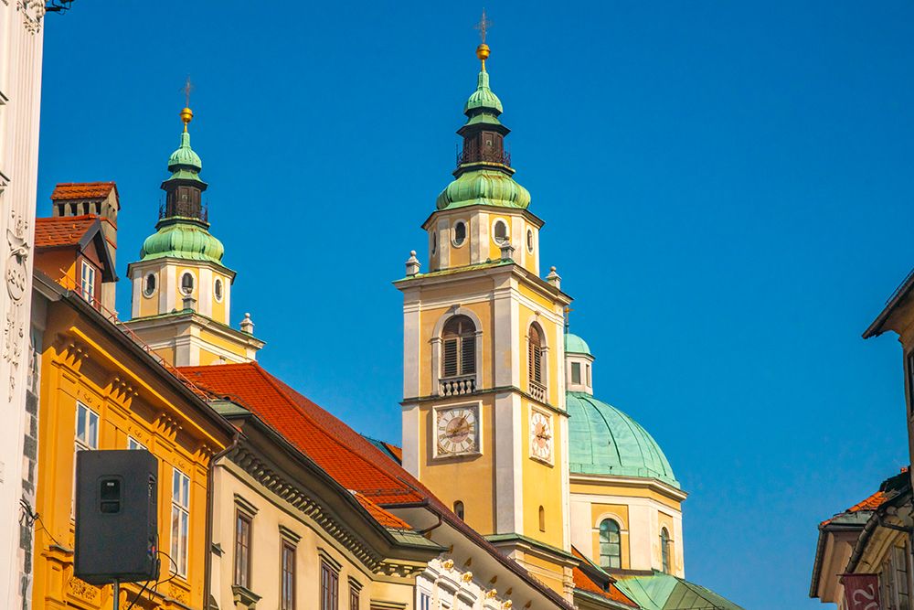 Slovenia, Ljubljana. Building towers in capital city. art print by Jaynes Gallery for $57.95 CAD