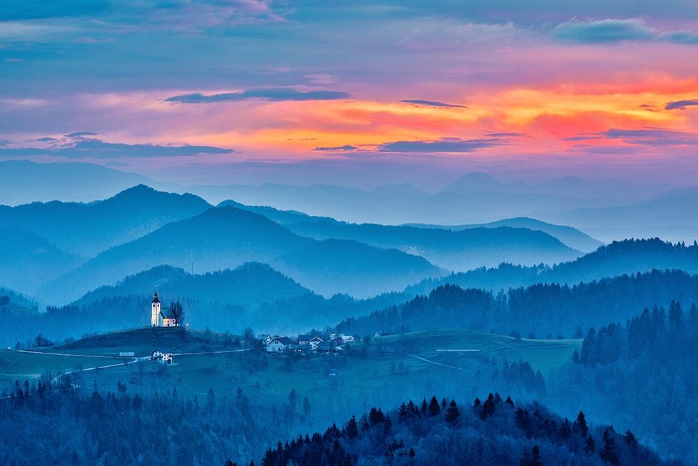 Slovenia-Poljane Sora Valley-hillside church near Gorenja Vas in early morning light art print by Hollice Looney for $57.95 CAD