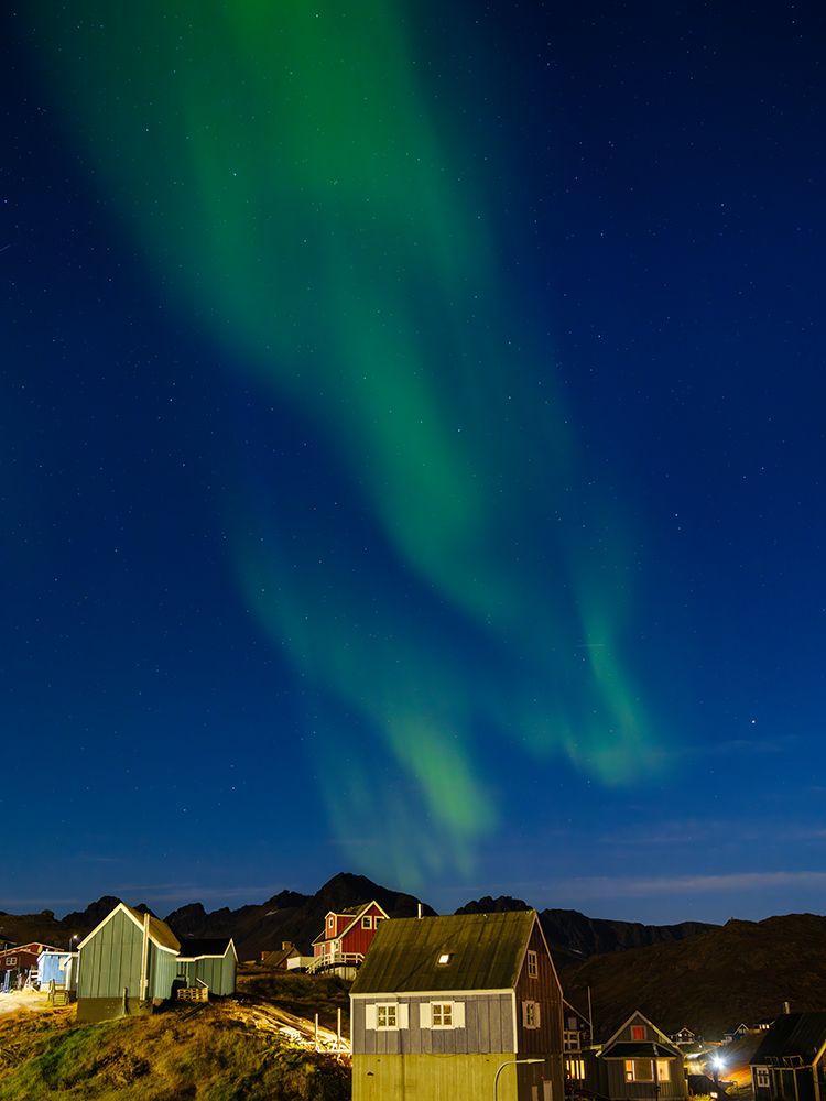 Aurora over the town. Town Tasiilaq (former Ammassalik), the biggest town in Greenland., autumn art print by Martin Zwick for $57.95 CAD