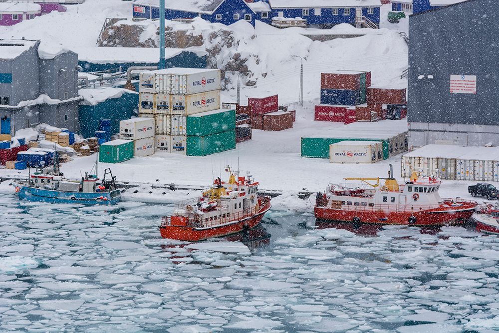 Fishing boats in the frozen harbor during a snow storm Ilulissat-Greenland art print by Sergio Pitamitz for $57.95 CAD