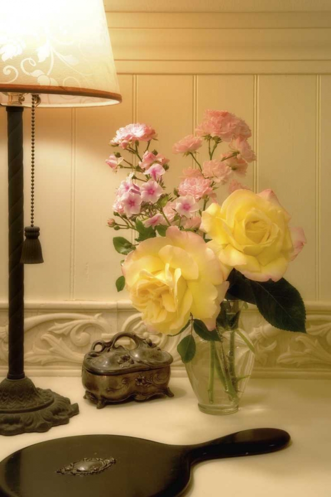 Flower arrangement next to lamp art print by Don Paulson for $57.95 CAD
