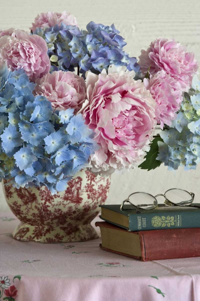 Hydrangea and peony arrangement on table art print by Don Paulson for $57.95 CAD